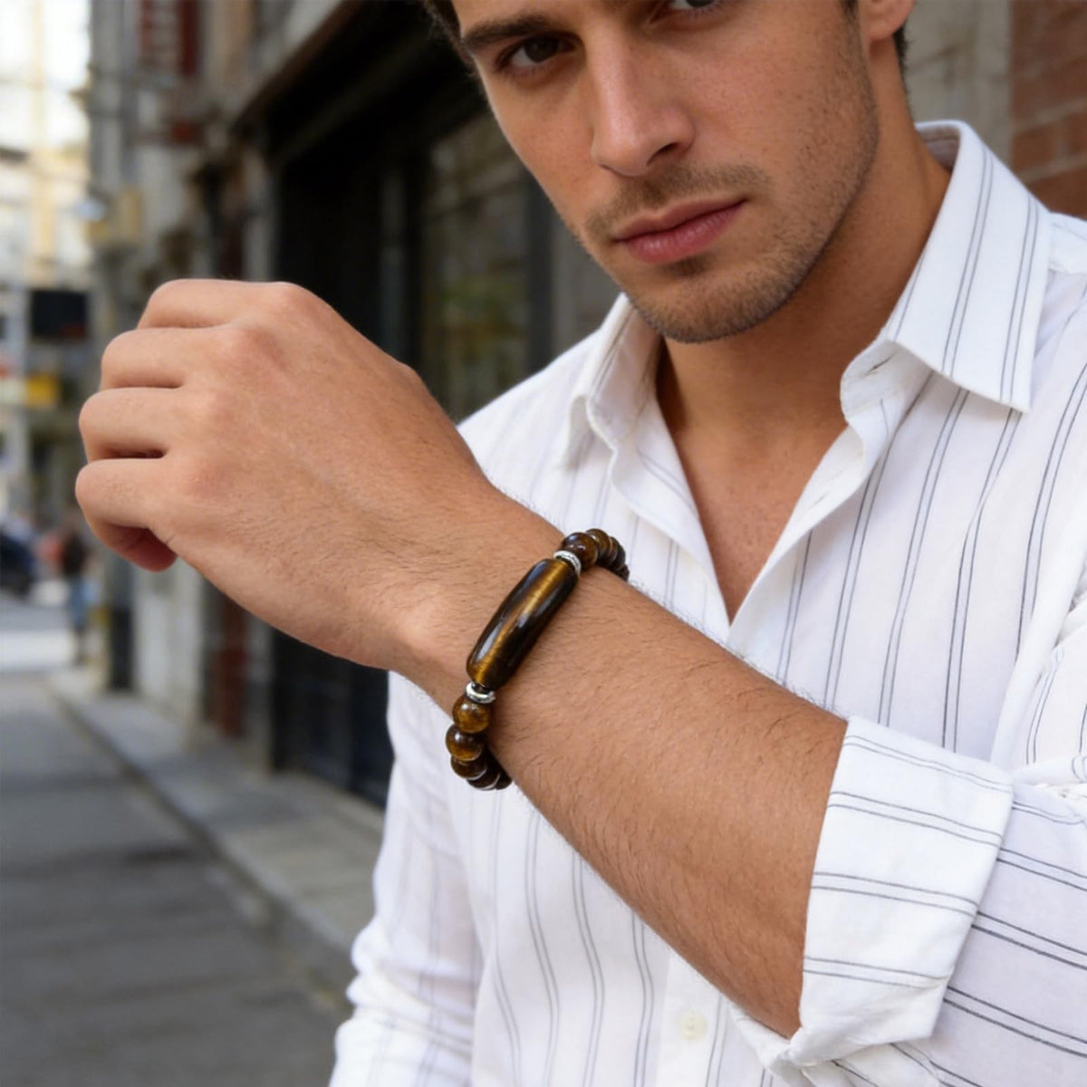 Kim Carrey Italian Tiger's Eye Mens Bracelet Stainless Steel Waterproof, Men's Bracelets Birthday Annivesary Gift for Him (Big Tiger's Eye Beads)
