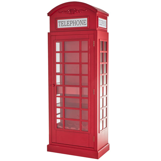 Deco 79 Wooden Telephone Standing Wine Rack Vintage London Booth 2 Shelf and 6 Bottle with Drawer Storage, 26" x 15" x 74", Red
