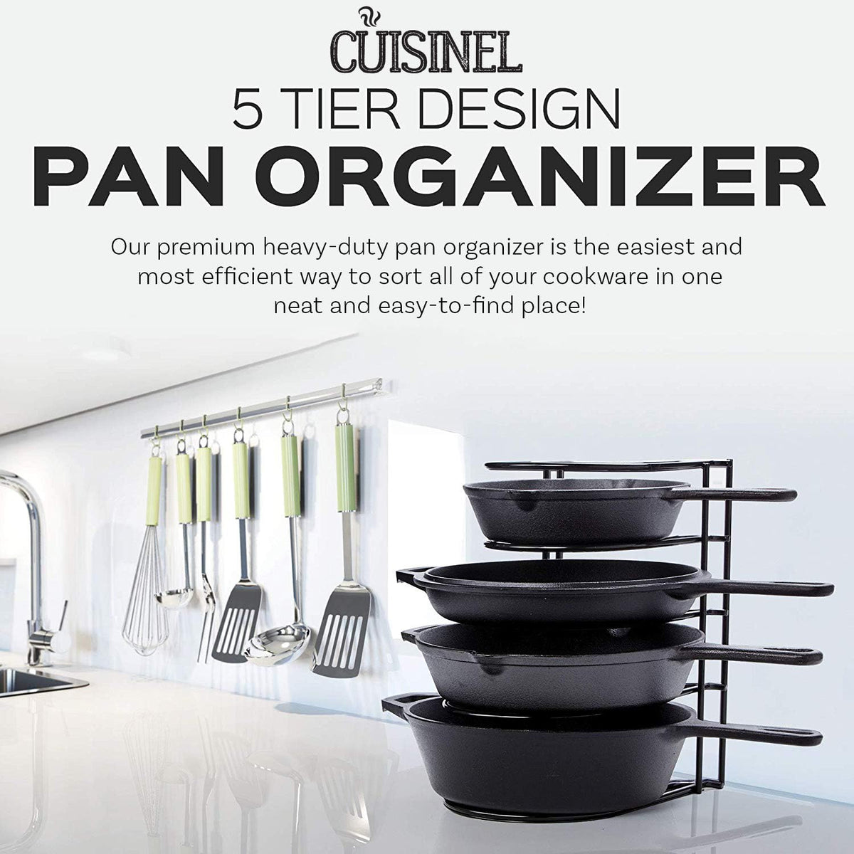 Cuisinel Heavy Duty Pots and Pans Organizer Rack - 12.2"-Inch Tall - 5 Tier Rack - Holds 50 LB - Cast Iron Skillets, Griddles, Shallow Cookware - Space Saving Kitchen Storage - No Assembly Required