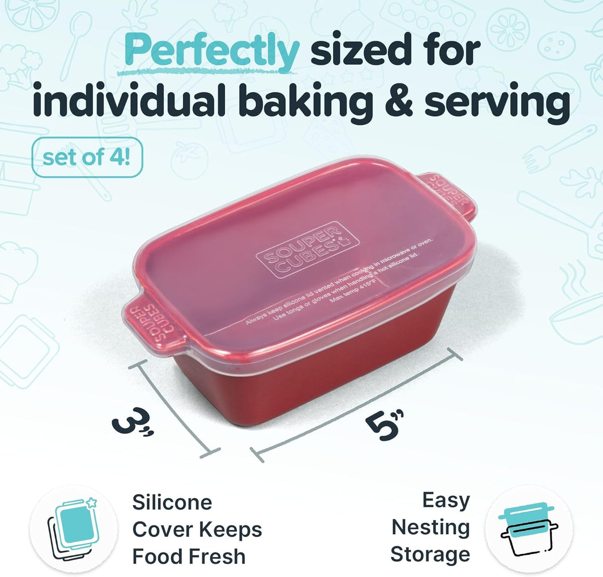 Souper Cubes Stoneware - Small 5" x 3" Ceramic Baking Dish Set with Silicone Covers | Perfect for Reheating Single Servings - Cranberry