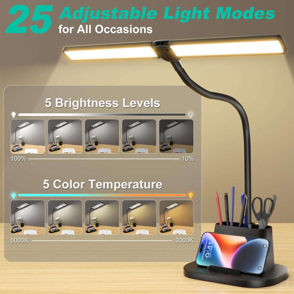 LED Desk Lamp, Eye-Caring Desk Light with Organized Base, 5 Color Modes & 5 Level Brightness, Adjustable Flexible Gooseneck Touch Lamp, Small Desk Lamp for Home Office, College Dorm Room Essentials