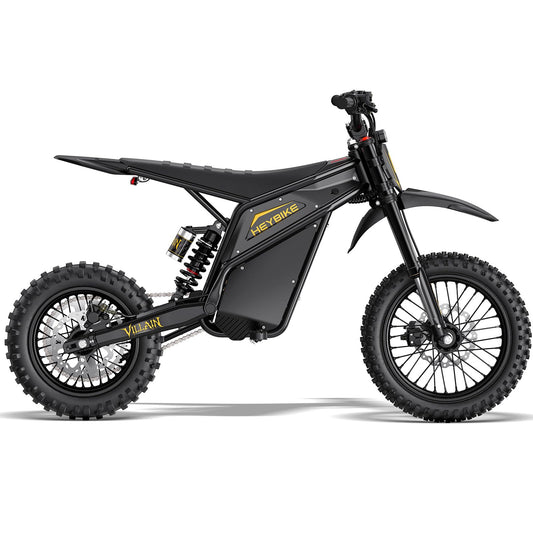 Heybike Villain Electric Dirt Bike, 4160W E Dirt Bike with 52V 26AH Battery, 14"/12" Fat Tire Electric Motorcycle for Teens, Max 45MPH Ebike with Reversing Function（Standard; Inky Black）