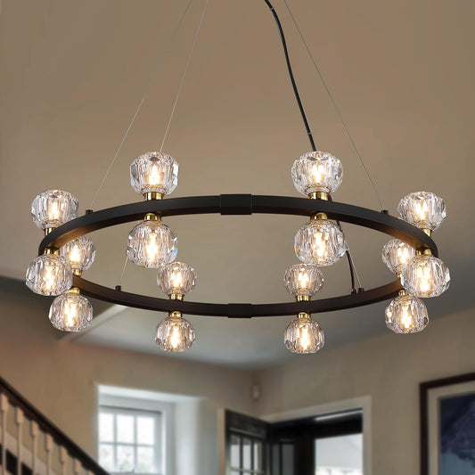 MEIXISUE Modern Crystal Chandelier,16 Lights Black Farmhouse Wagon Wheel Chandelier Light Fixtures for Dining Room Foyer Living Room Kitchen UL Listed Dia 31.1"