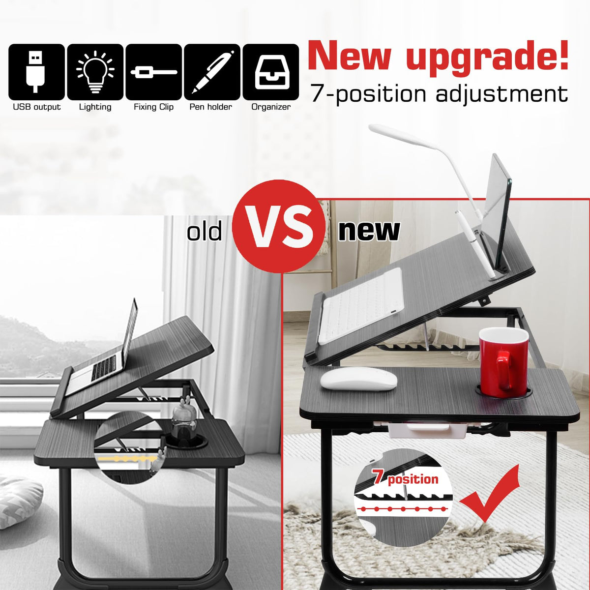 CloudTrip Plus XL Adjustable Laptop Desk with Light, USB Port, iPad Holder, Drawer Storage - Larger 23.6IN Adjustable Lap Desk for Bed, Home Office, Breakfast Tray, Fordable Legs Desk (Black)
