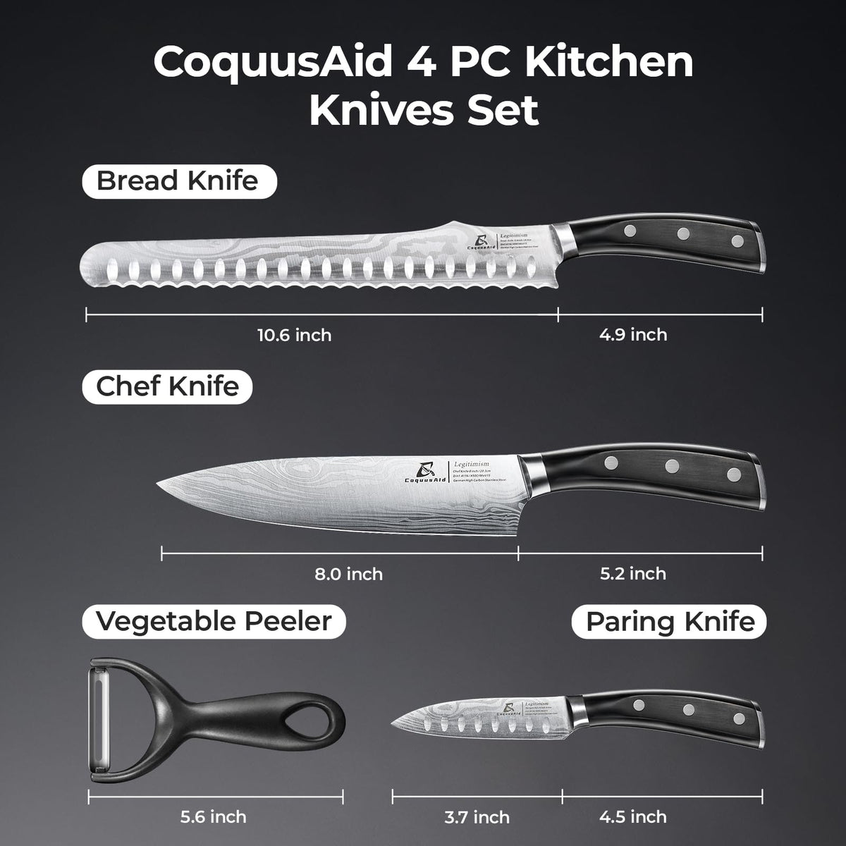CoquusAid Kitchen Knives Set, 4 PCS Professional Chef Knife Set, Razor Sharp High Carbon Stainless Steel Knife Set, Ergonomic Handle Design, Ideal for Everyday Home Use, Perfect Gifts for Kitchen