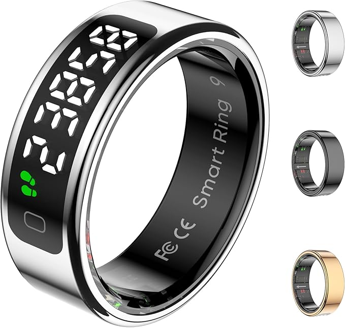 Smart Ring Health Tracker with Display Screen, Sleep Tracker with Heart Rate, Fitness Ring Step Tracker for Activity Monitoring/Steps/Calories,Wireless Charging, for iOS Android (Silver,10#)