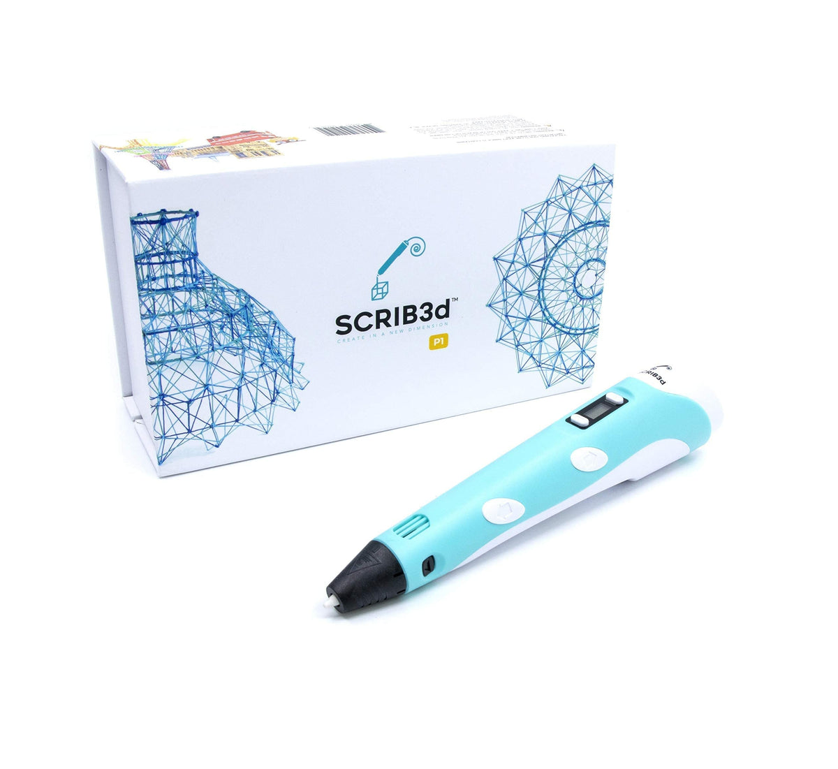 SCRIB3D P1 3D Printing Pen with Display - Includes 3D Pen, 3 Starter Colors of PLA Filament, Stencil Book + Project Guide, and Power adapter