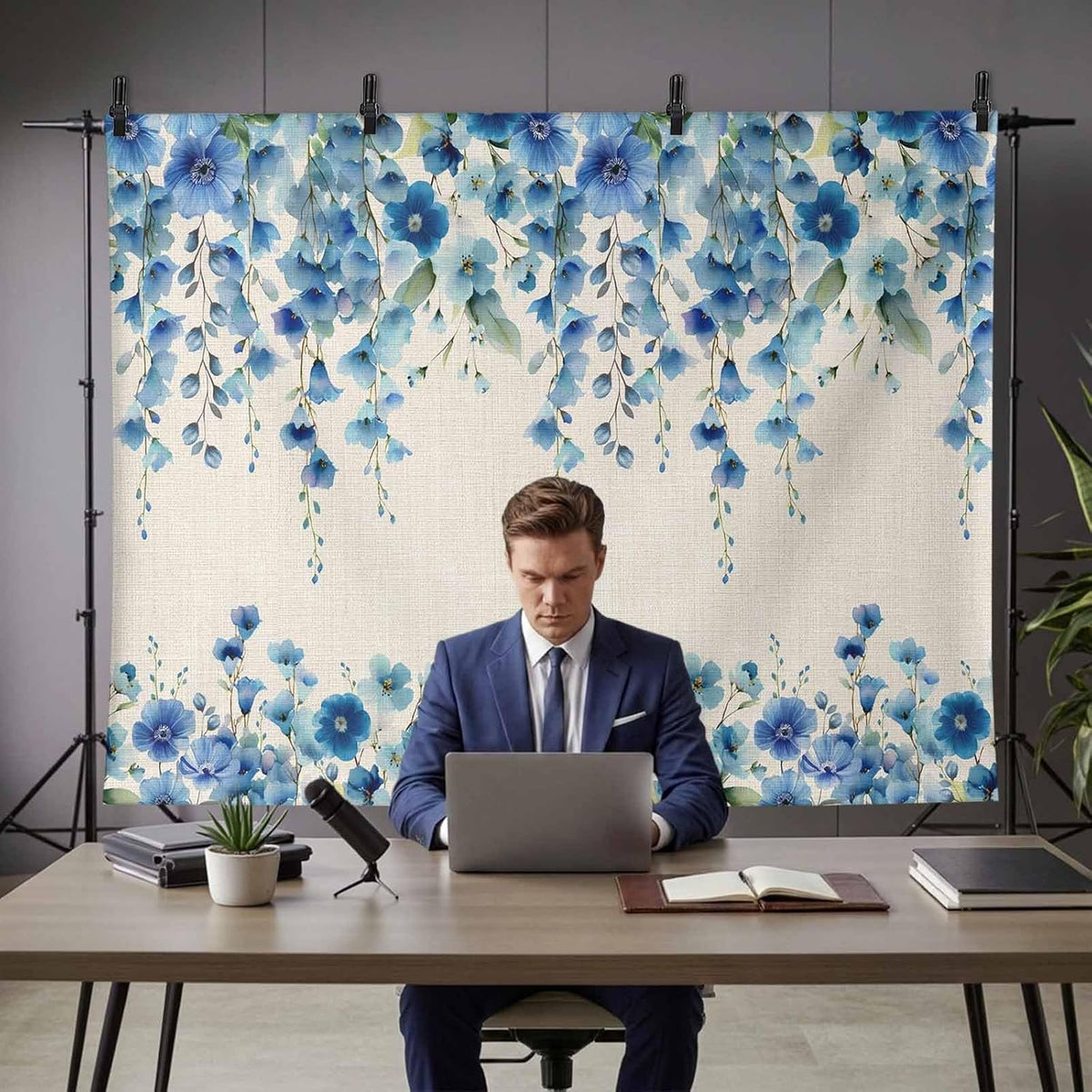 VANPTBNHS 12x8ft Curtain,Country Photography Backdrop,Retro Blue Flowers on Jam Professional Photography Background