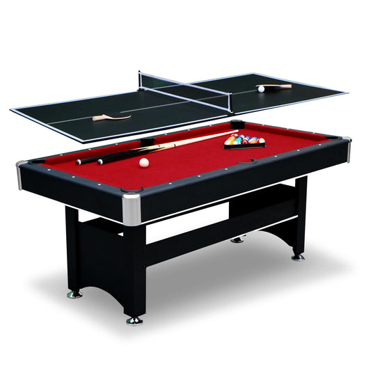 Hathaway Spartan 2-in-1 6ft Pool Table with Ping Pong Top for Game Room – with Red Felt, Engineered Wood Frame, Drop Pockets, Cues, Balls, Triangle, Chalk, Net, Paddles, Balls – Black Finish
