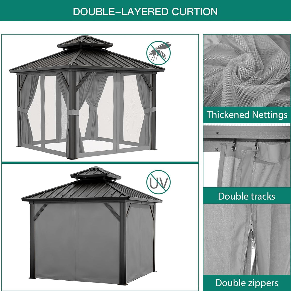 10'x10' Hardtop Gazebo, Heavy Duty Aluminum Permanent Outdoor Pavilion with Curtains and Netting for Garden, Patio, or Backyard (Grey, 10'x10')