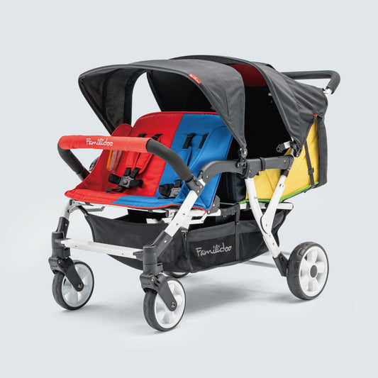 Familidoo H4E Quad Stroller Wagon for Kids, 4-Seater Daycare Baby Stroller with 5-Point Safety Harness, Lightweight & Foldable with All Reclining Seats, Double Canopy & Rain Cover – All-Terrain Wheels