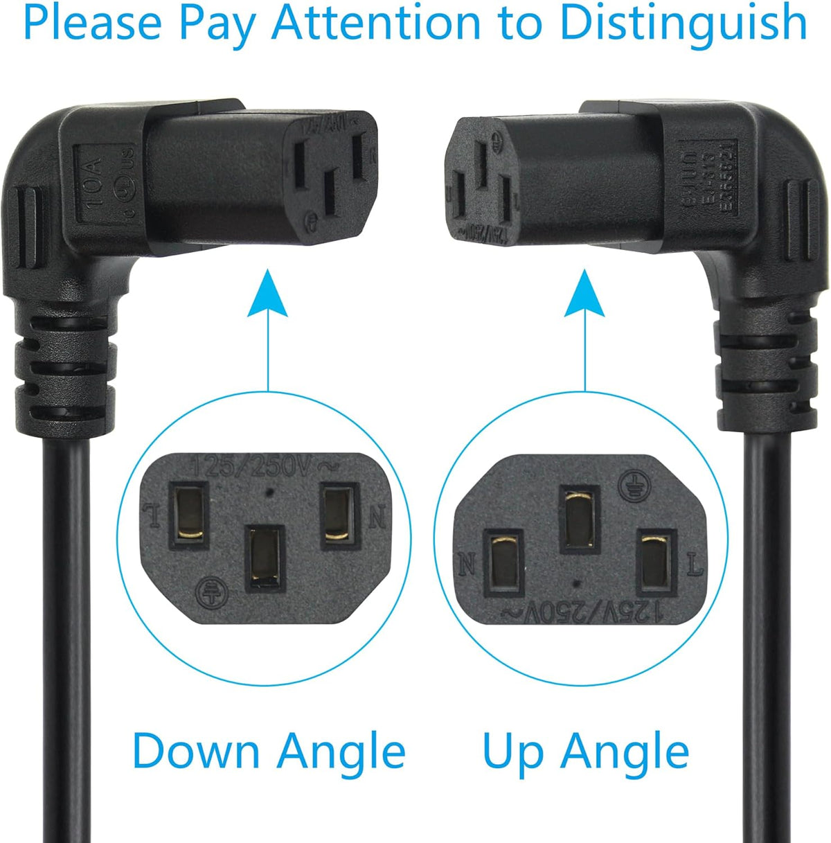 Maixbomr 3 5.9ft/1.8m,Down 10A 250V 18AWG 5-15P C13 C13 Prong AC Power Cord Angle to Power Cable,for PC