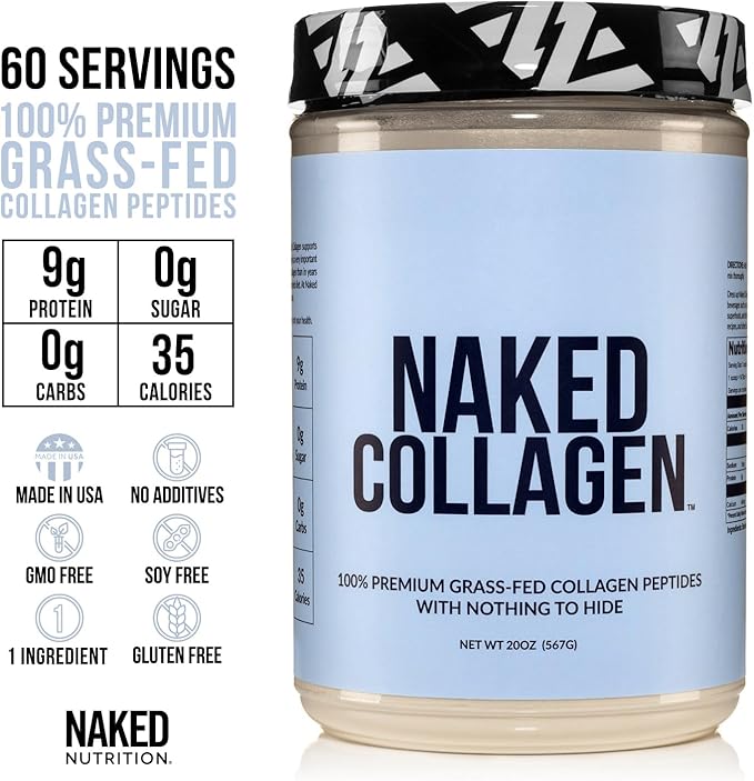 NAKED Collagen Peptides Protein Powder, 60 Servings, Pasture-Raised, Unflavored Grass-Fed Hydrolyzed Collagen Supplement, Paleo Friendly, Non-GMO, Keto, Gluten Free, 20oz