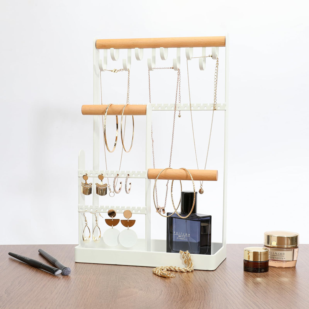V-LAFUY Jewelry Holder Organizer, 4 Tier Necklace Holder Jewelry Tower with 10 Hooks 88 Holes, Jewelry Stand Organizer Storage Bracelets Earrings Rings Watches - Elegant White