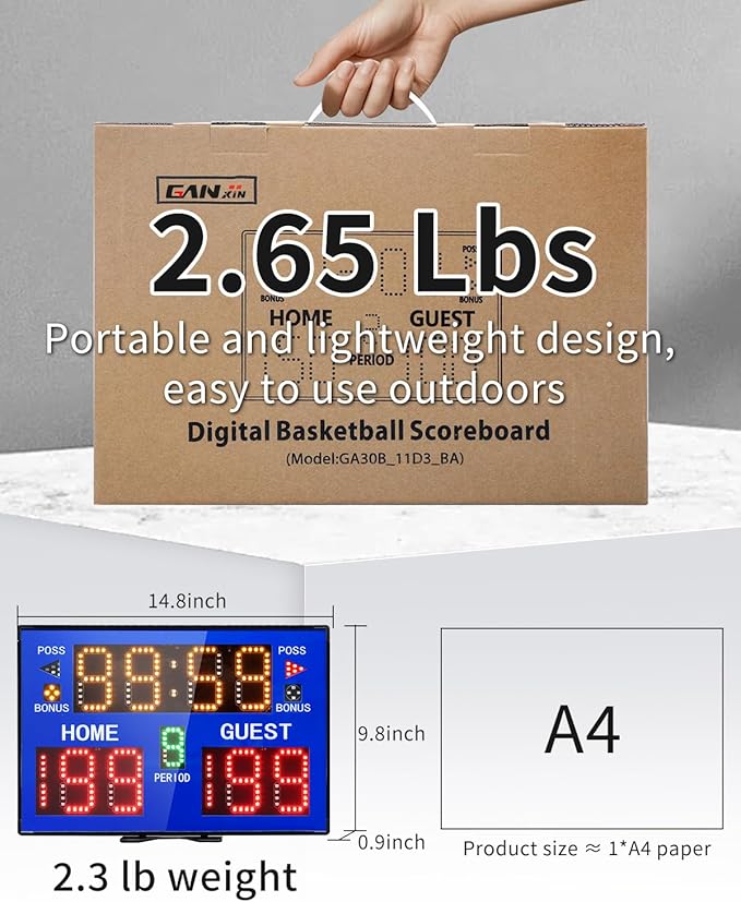 Basketball Digital Scoreboard with Remote,Battery Powered Portable Tabletop Electronic Scoreboard with 75dB Buzzer,Countdown Timer & Score for Games