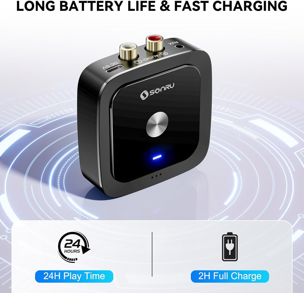 SONRU 6.0 24-Hour 3.5mm/RCA, Bluetooth Receiver, Bluetooth Adapter for Old Receiver, Low Latency, Battery Life with AUX