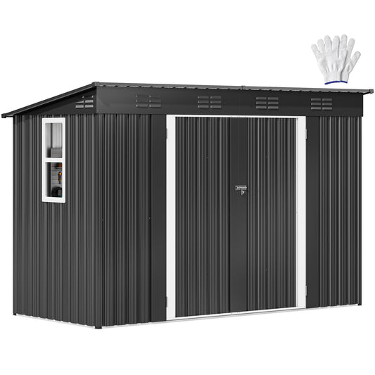 DWVO 9x4ft Large Tool Storage Shed with Window, Lockable Doors, and Sloped Roof, Oversized Steel Outdoor Storage Shed for Garden, Patio, Garage, Backyard, Lawn - Dark Gray