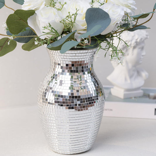 Disco Ball Planter for Home Decor, 8 Inch Silver Mosaic Mirror Glass Flower Vase, Decorative Table Centerpiece for Living Room Decor, Party Wedding Decoration, Gifts for Women