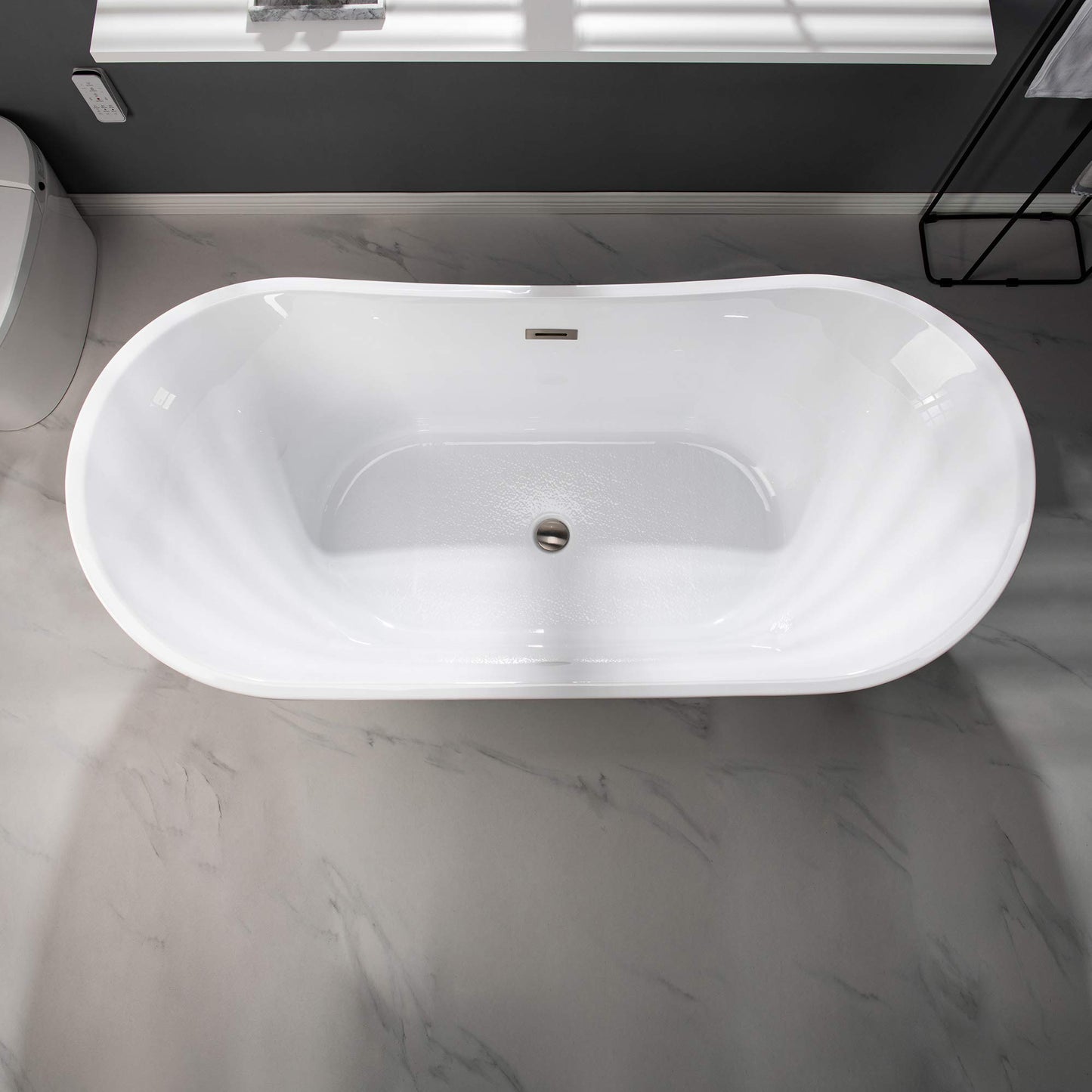 WOODBRIDGE 67" Acrylic Freestanding Bathtub Contemporary Soaking Tub, White Acrylic (Brushed Nickel Drain/Overflow) with Pillow