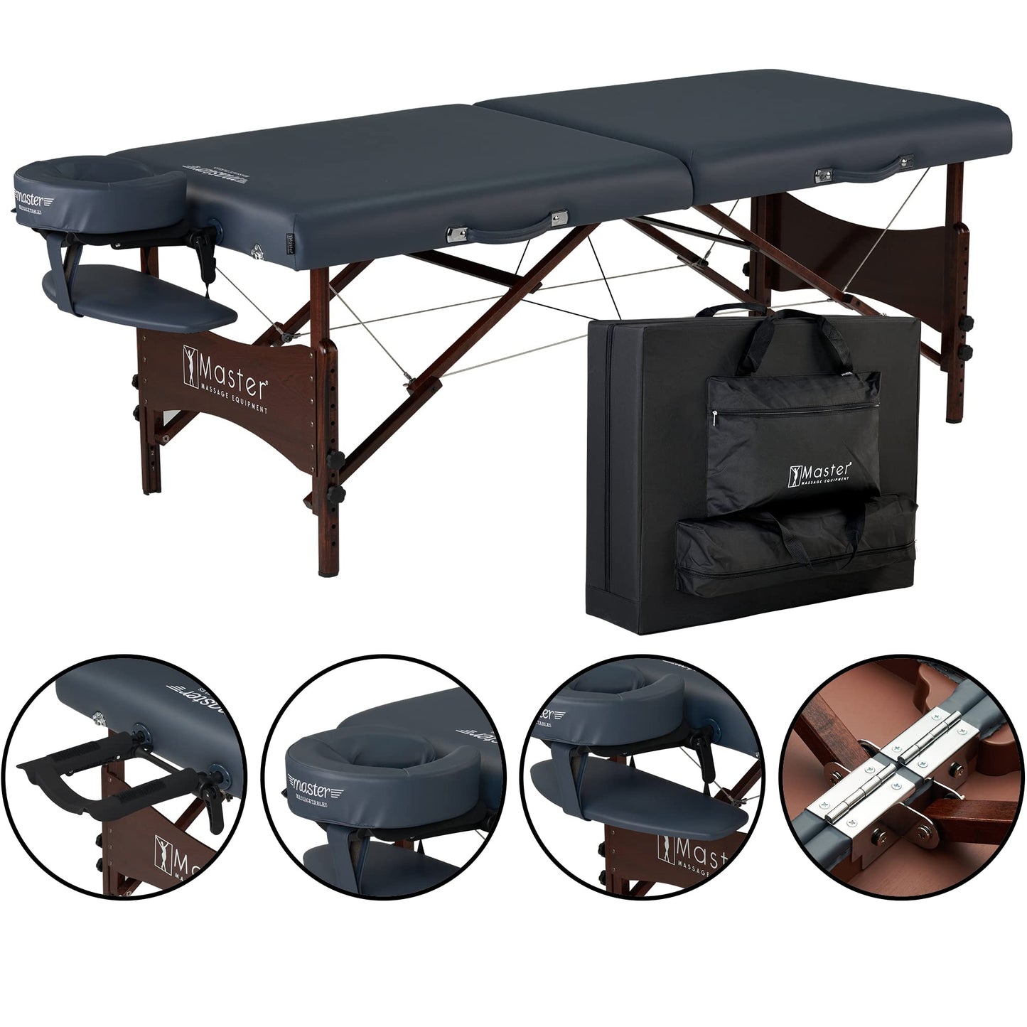 Master Massage Newport Portable Massage Table Package with Denser 2.5" Cushion, Walnut Stained Hardwood, Steel Support Cables, Pillows & Accessories, Royal Blue, 30"