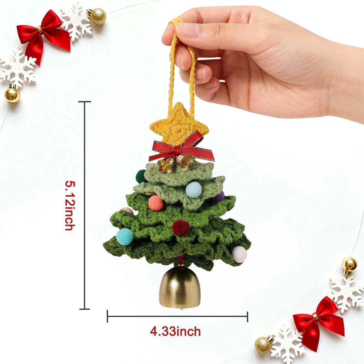 JSSTEM Handmade Crochet Christmas Tree, Hand-Knitted Ornaments Car Pendant with Bells, Stars, Bows & Pom Poms, Cotton Xmas Decor for Holiday Tree, Festive Gift, Home, Car and Party Decor, Green