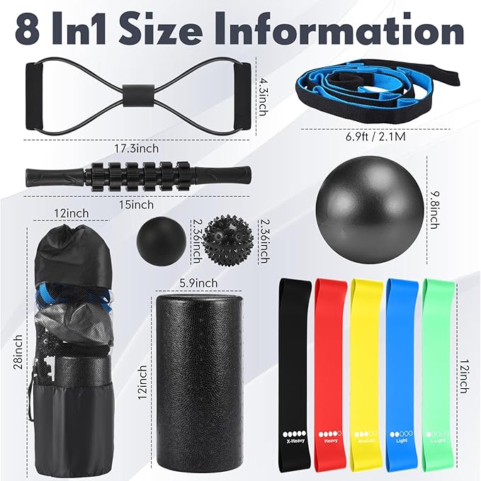Skylety 8 In1 Foam Roller Set for Deep Muscle Massage, High Density Back Roller Muscle Massager Stick Massage Ball for Whole Body Physical Therapy Exercise Pilates Yoga Back Pain Recovery