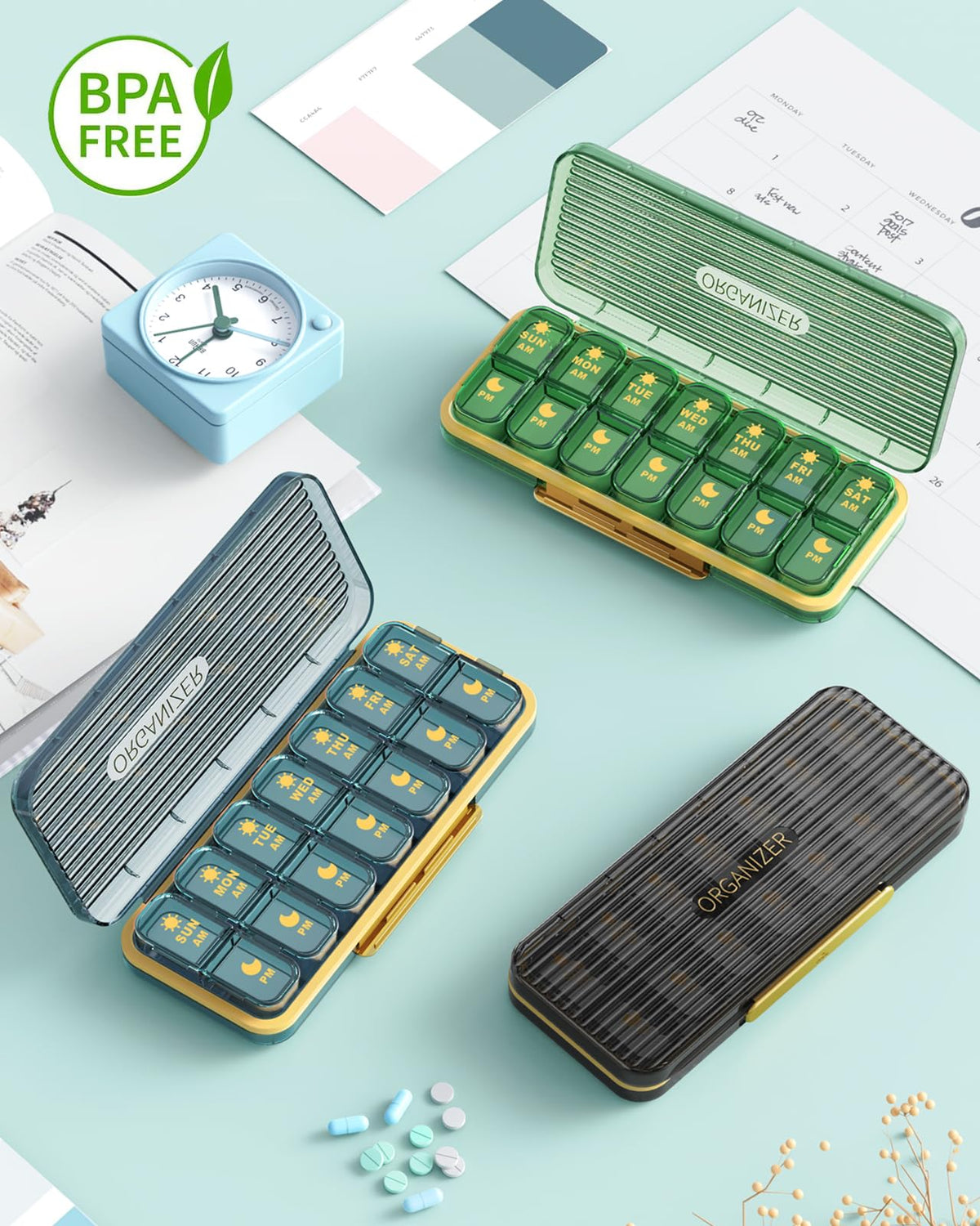 Pill Organizer 2 Times A Day, 7 Day Am Pm Pill Box - Acedada Weekly Pill Organizer with Separate Container, Portable Daily Medicine Planner Dispenser Case for Vitamin, Fish Oils, Supplements, Green