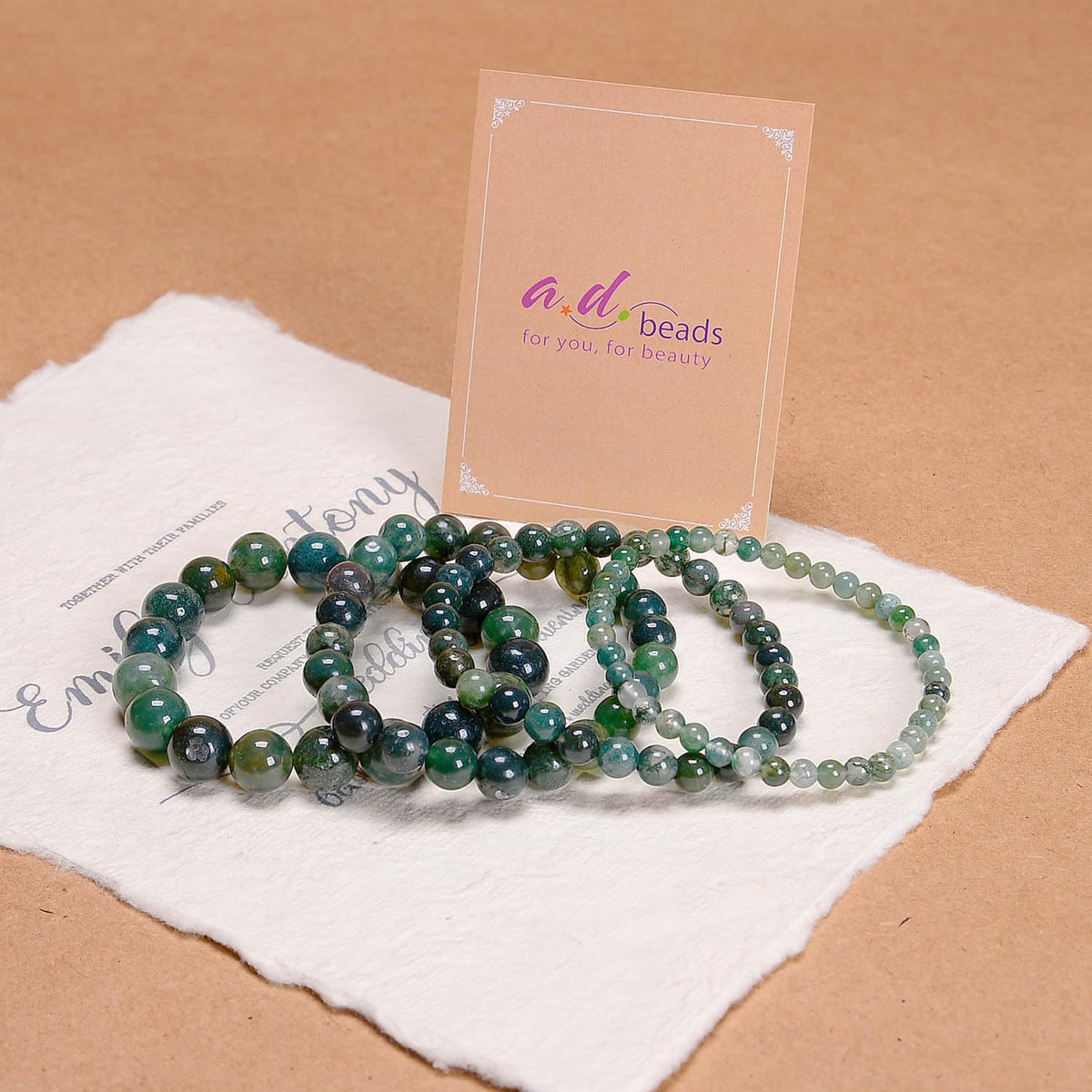 AD Beads Handmade Gemstone Stretch Elastic Bracelet Crystal Healing Reiki Nature's Beauty and Spiritual Essence Unisex (4mm, Moss Agate (Universal Connection))