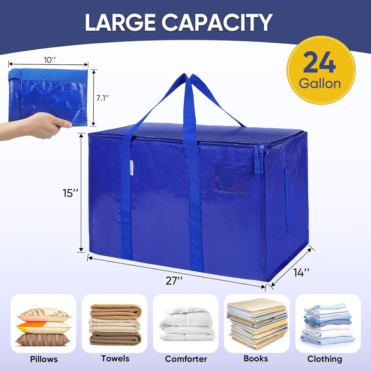 TICONN Extra Large Moving Bags - Heavy Duty Storage with Zippers & Handles | 6 Pack, Blue