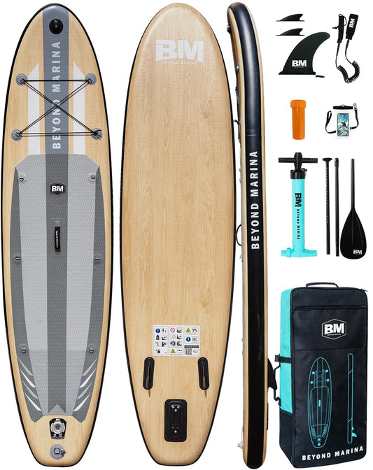 BM Paddle Board Inflatable Stand Up Paddle Board, SUP Paddleboard for Adult, Premium Accessories | Non-Slip EVA Deck & Foam Handles, Camera Mount, Double Action Pump, 85L Travel Backpack, Oak