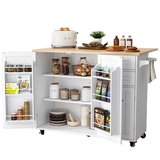 HLR Kitchen Island with Storage, White Rolling Kitchen Island on Wheels with Drop-Leaf Bar Countertop, Island Table for Kitchen with Side Open Spice Rack and Tower Rack, Extra Storage for Kitchen