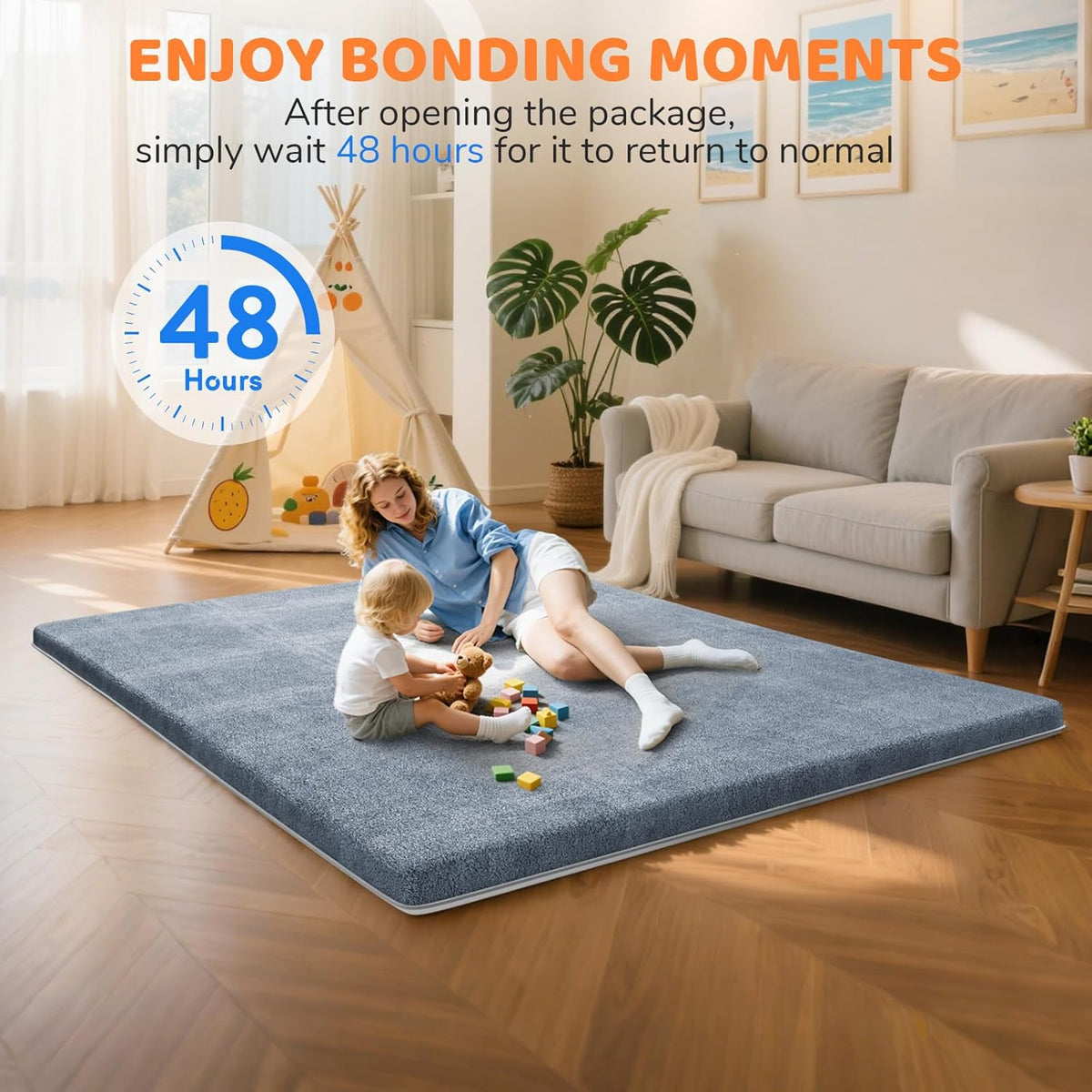 Omzer Baby Play Mat - 1.3" Thick Foam Tummy Time Mat | 65x50 Inch Non-Slip Crawling Pad - Grey Coral Velvet