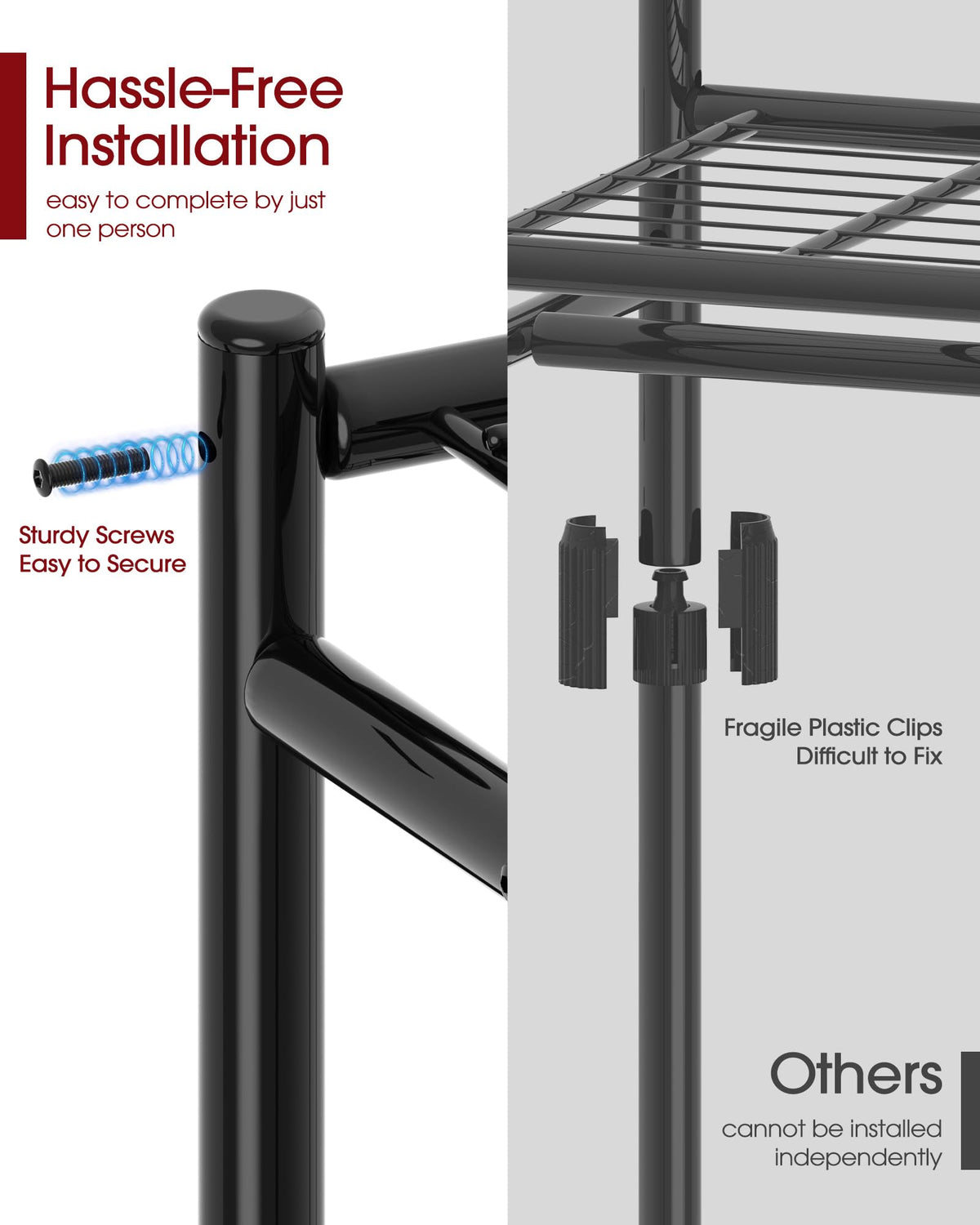 Sakugi Clothes Rack - 33.0" x 12.2" x 79.5" Clothing Rack with Shelves & Wheels, Multi-Functional Wardrobe Closet with Hooks, Sturdy Metal Garment Rack for Bedroom, Laundry, Balcony (Black)