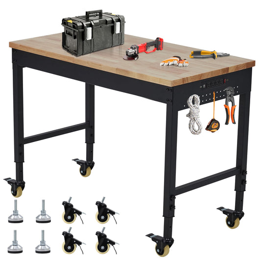 Garvee 72 x 25 Inch Adjustable Workbench, Heavy-Duty Workbench with a 2000 lb Load Capacity, Metal Frame with Power Outlets & Casters, Rubberwood Top Workbench for Workshops, Garages