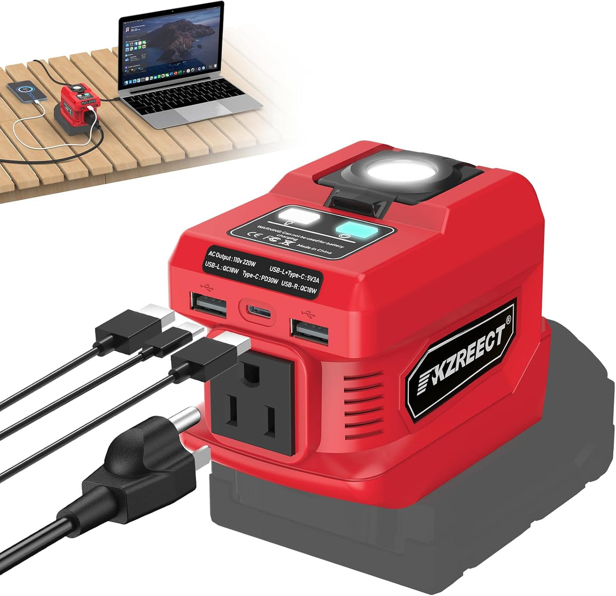 Kzreect 220W 18V 110V 1 400LM Power Inverter Compatible with Milwaukee Batteries (Battery Not Included), DC to AC