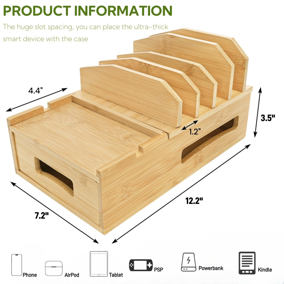 ZOOFOX Bamboo Charging Station for Multiple Devices, Desk Docking Station with Removable Divider Slots and Drawer, Bedside Charging Station Compatible with Smartphone, Tablet, Laptop, Earphone