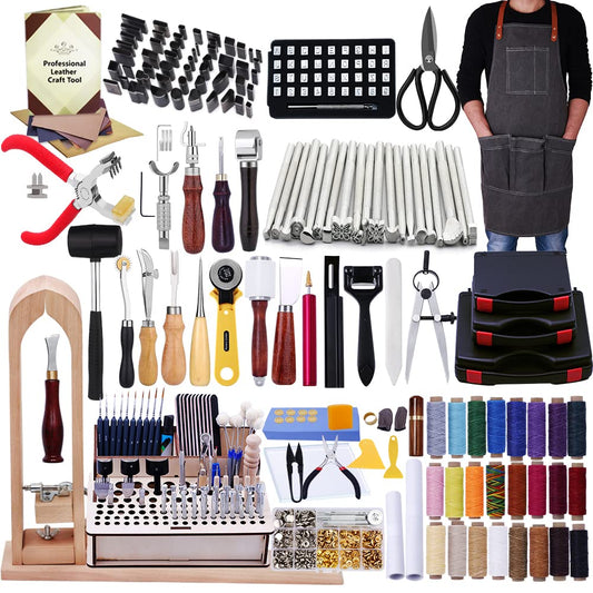BUTUZE Leather Kit 440Pcs The Most Complete Leather Working Tool Set, Punch Cutter Tools, Letter and Number Stamp, Stamping Set, Apron, Tanned Instructions for Beginners, Professionals