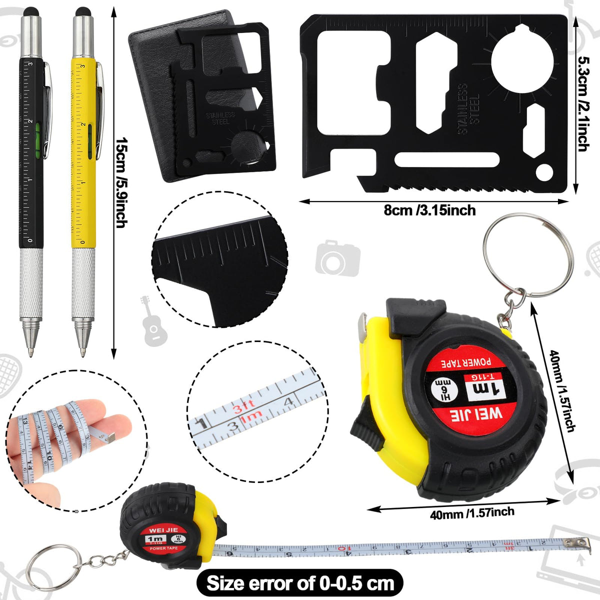 Saysurey 48 Pcs Mini Tape Screwdriver Keychain Set Father's Day Gifts Bulk Men Gifts Bulk Multitool Pen Card for Adult (Yellow,Black)
