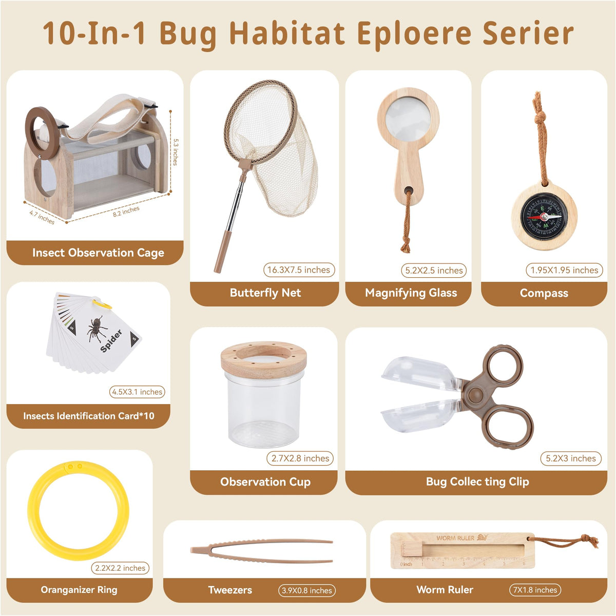 Wooden Bug Catching Kit for Kids - 10 PCS Outdoor Exploration Set with Bug Habitat, Magnifying Glass, Bug Container &Other Adventure Kit —STEM Educational Toy for Boys & Girls Ages 4-8