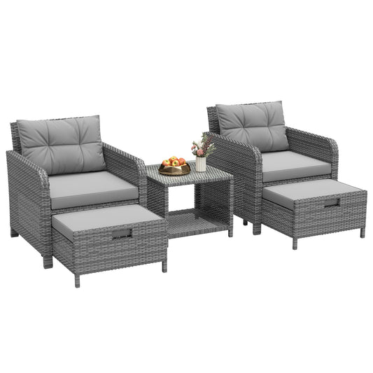 LHBcraft Balcony Furniture 5 Piece Patio Chairs Conversation Set, PE Wicker Rattan Outdoor Lounge Chairs with Soft Cushions 2 Ottoman-Glass Table for Porch, Charcoal