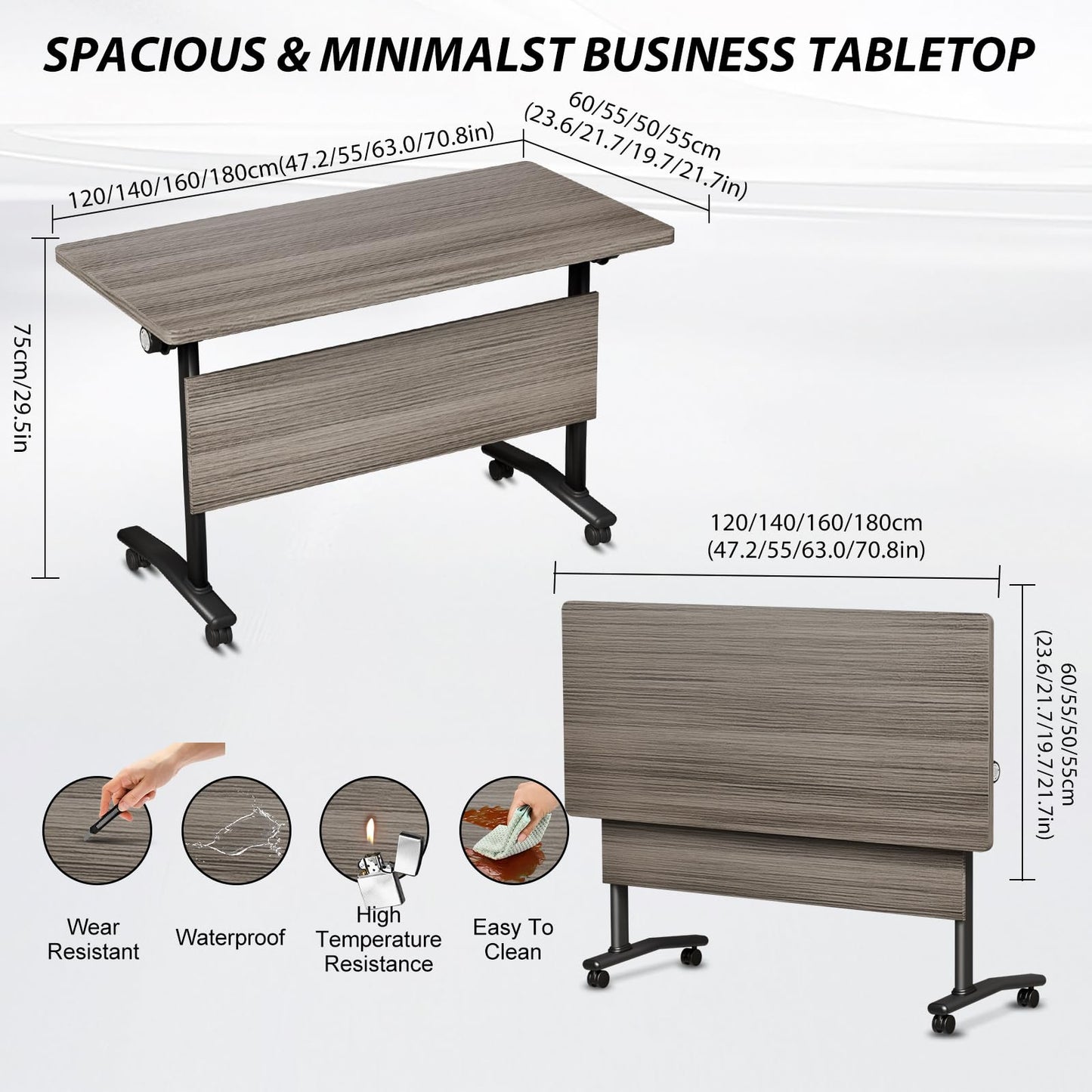 Folding Conference Room Table with Wheels, 6ft Modular Large Mobile Modern Conference Tables Office Meeting Training Table for Classroom(6, Gray, D 55")