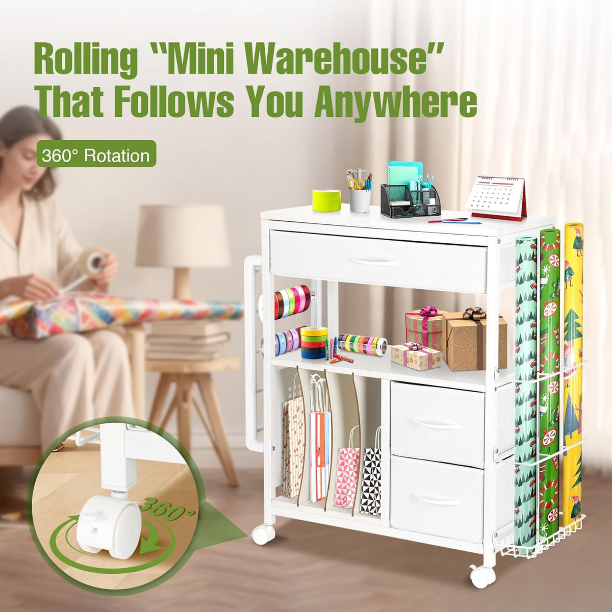 Vikua Gift Wrapping Cart - 3-Tier Portable Station with Ribbon & Bag Storage | Perfect for Christmas