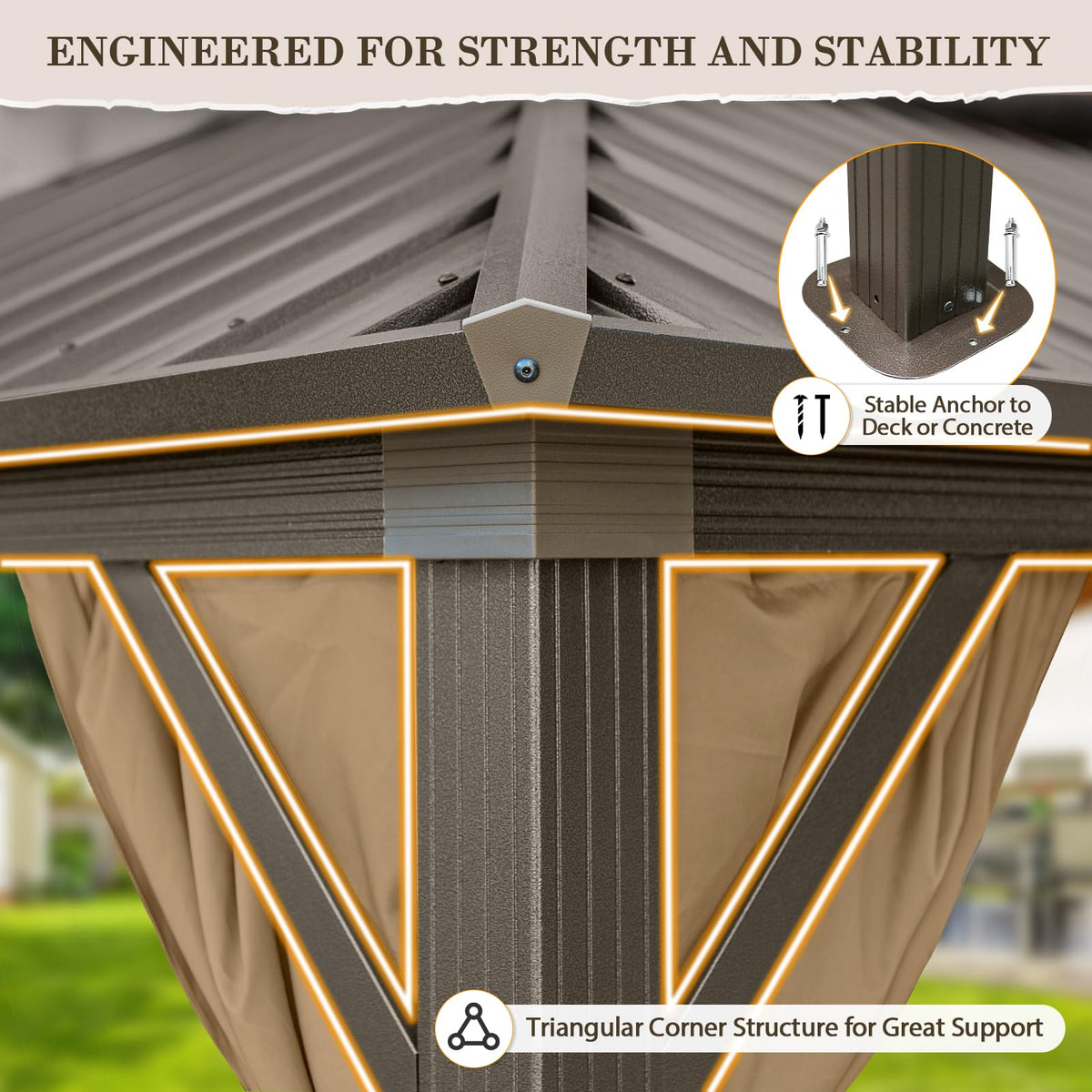 EAGLE PEAK 12x18 Hardtop Gazebo, Galvanized Steel Double Roof with Aluminum Frame, Outdoor Pavilion with Netting and Curtains for Patio, Deck, Lawn and Garden, Dark Brown/Tan
