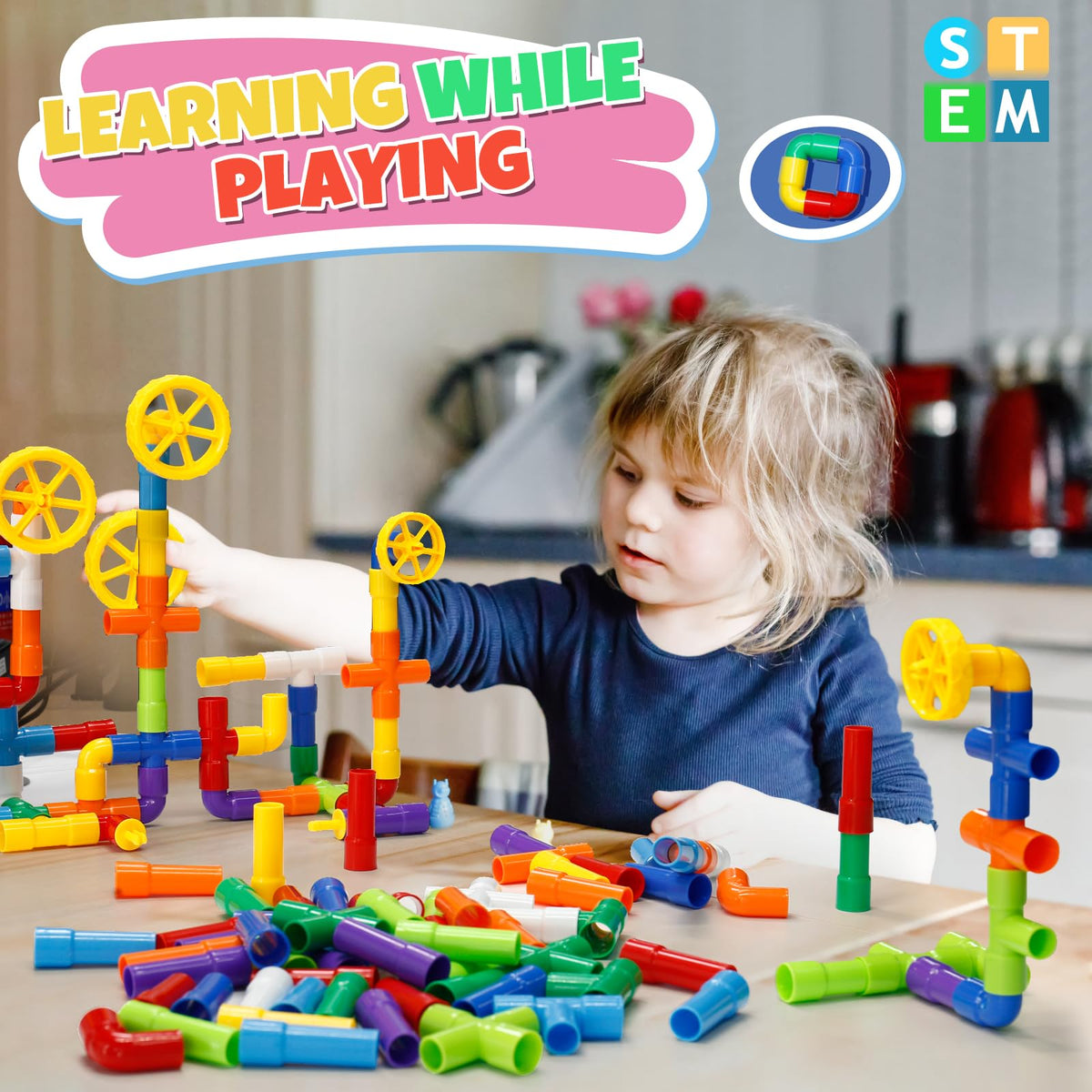 Ggiibro STEM Building Toy for Toddlers 200Pieces Tube Pipe Toy,Educational Preschool Game for 3+ Years,Learning Building Blocks Play with Storage Box Gift Kit,Montessori Toys for Boys & Girls