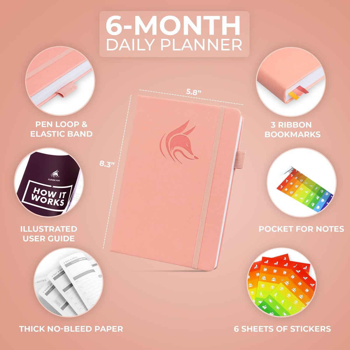 Clever Fox Daily Planner – Undated Planning Notebook with Hourly Schedule & To-Do List – Personal Day Task & Work Organizer, 6 Months (Peach Pink)