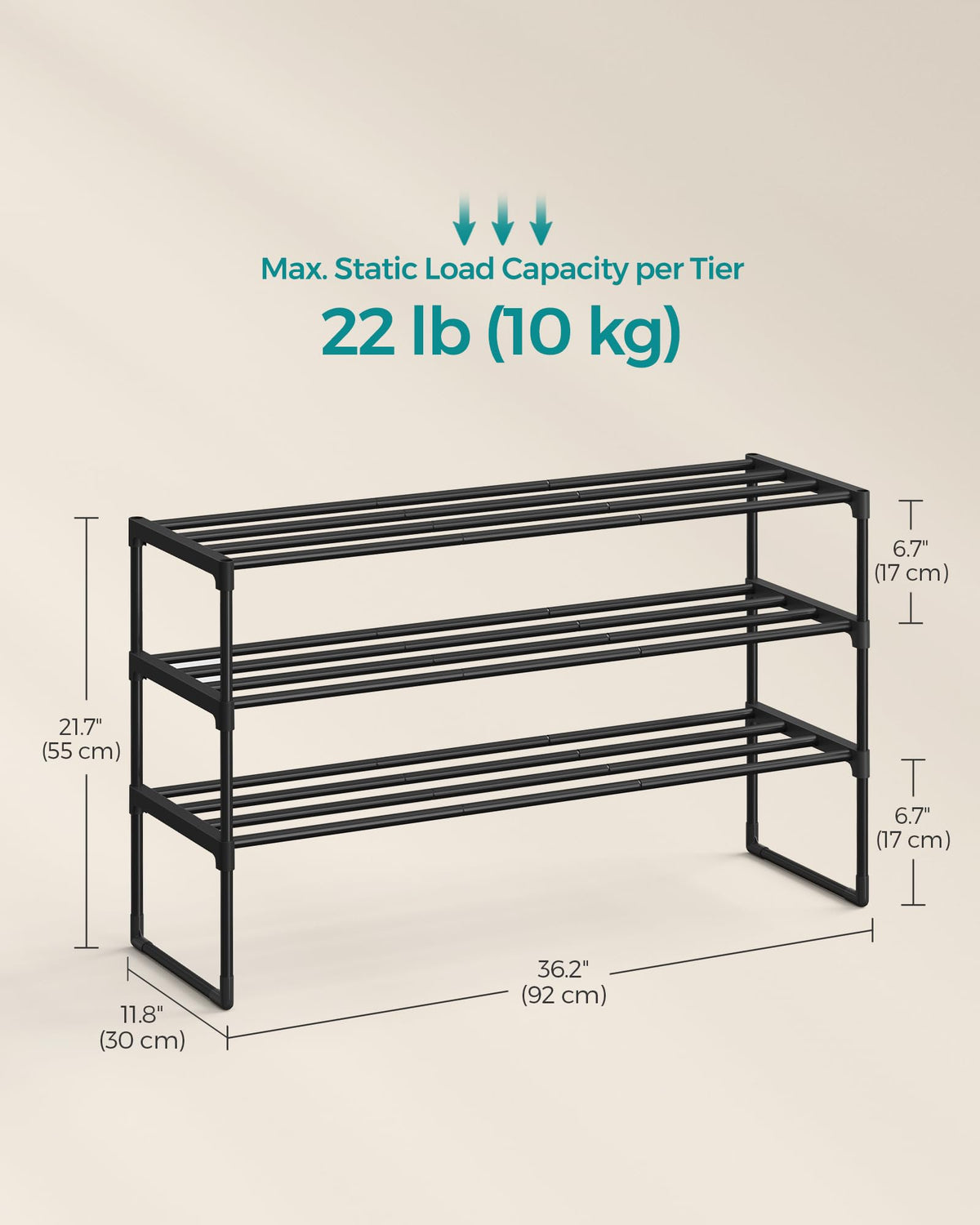 SONGMICS Shoe Rack, 3-Tier Shoe Organizer, Metal Storage Shelf, Upright or Upside Down, for 16-20 Pairs, Stackable, for Entryway, 11.8 x 36.2 x 21.7 Inches, Black ULSA303B02