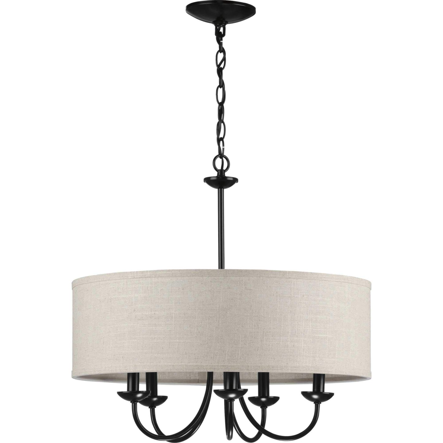 Progress Lighting Drum Shade Collection Five-Light Chandelier, Farmhouse Style Hanging Ceiling Light Fixture for Dining Rooms, Foyers, Harvest Linen Shade, Matte Black