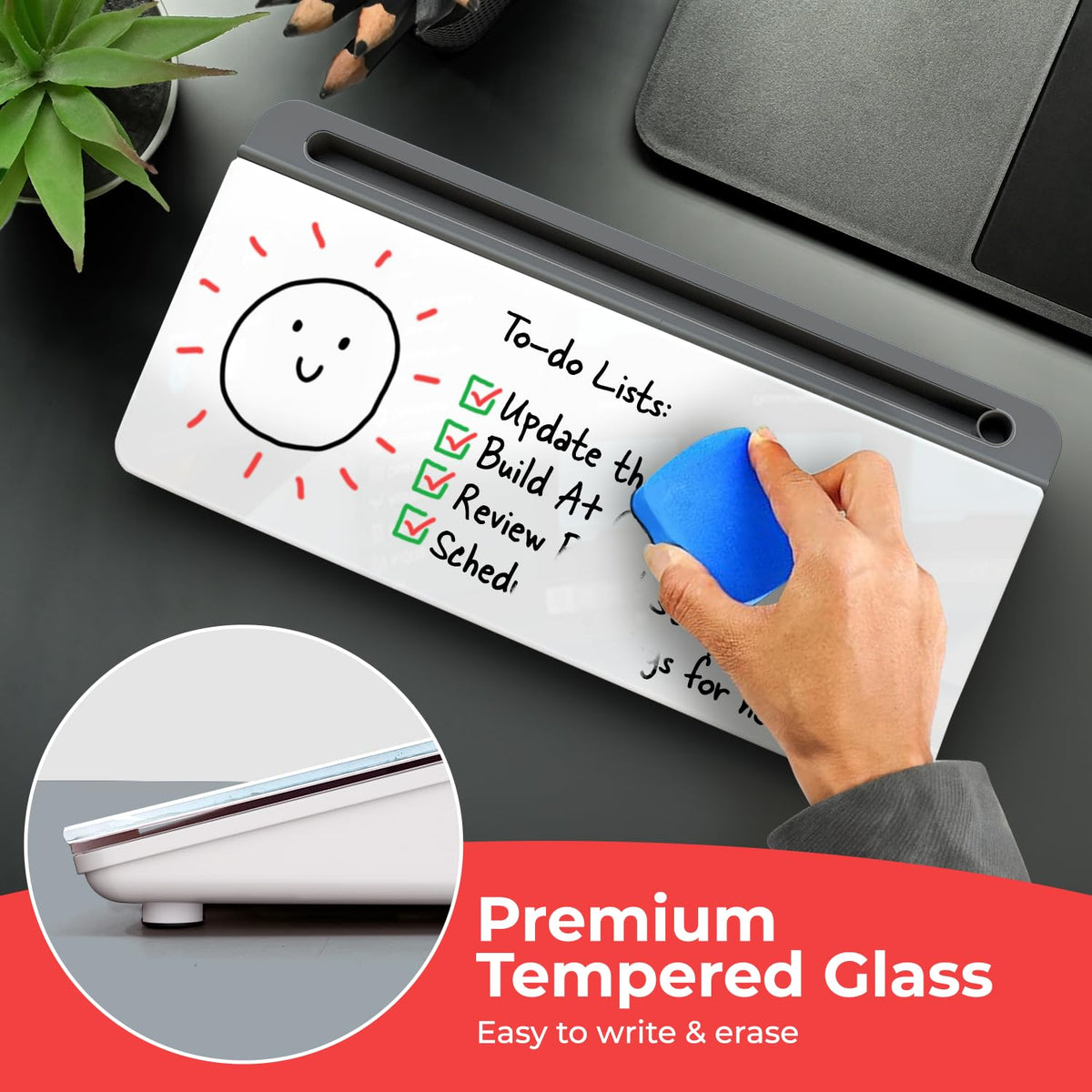 Chalkola Glass Desktop Whiteboard with Storage - Dry Erase Board, Work Desk Organizers, Computer Keyboard Stand, Home Office Desk Accessories, Small White Board, Workspace Desktop Buddy + 3 Markers