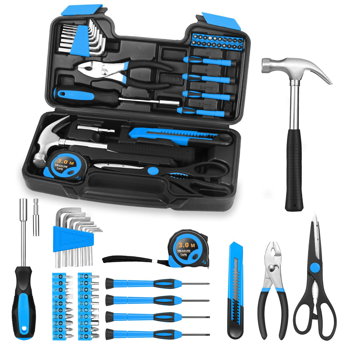HANGYING 39 Piece Basic Home Tool Set Household Tool kit for Home General Repair Small Hand Tool Kit in Toolbox Storage Case for Home Garage Office College Dormitory Use, Blue