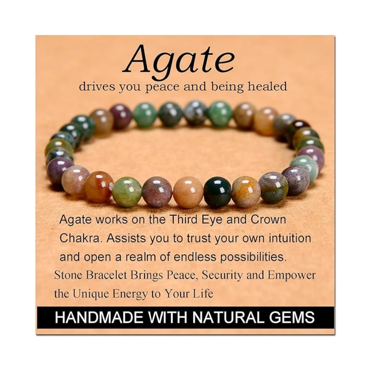 CHELYQST Indian Agate Bracelet - Stone of Peace and Being Healed,Stretch Natural Stone Crystal Beads Jewelry Gifts for Women Men Unisex Adult,6mm